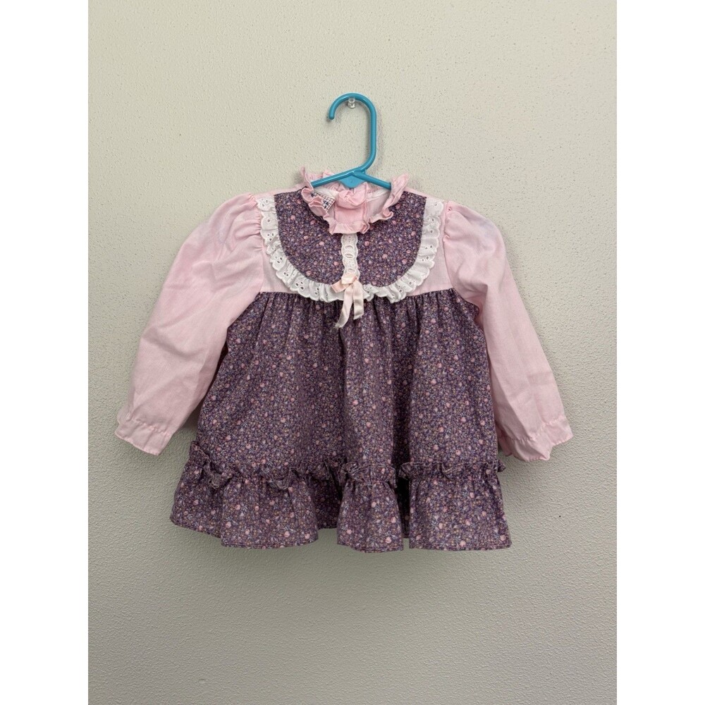 Vintage New York Kids Dress Ruffles Lace Pink Purple Floral Size 12 Months USA
